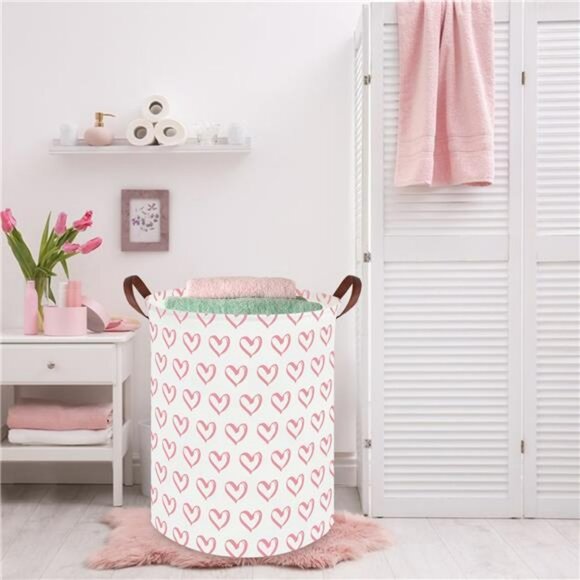 Pink heart laundry hamper basket toy organizer baby nursery storage bin 19x16 - Picture 6 of 8